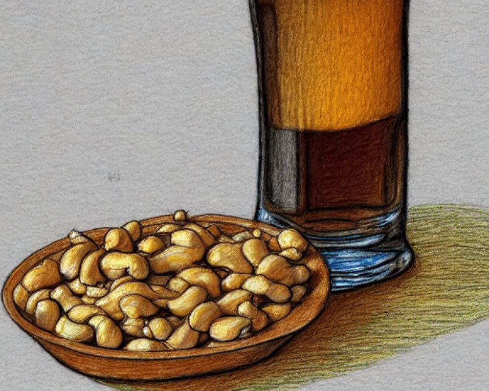 Colored pencil drawing of peanuts and beer on textured surface