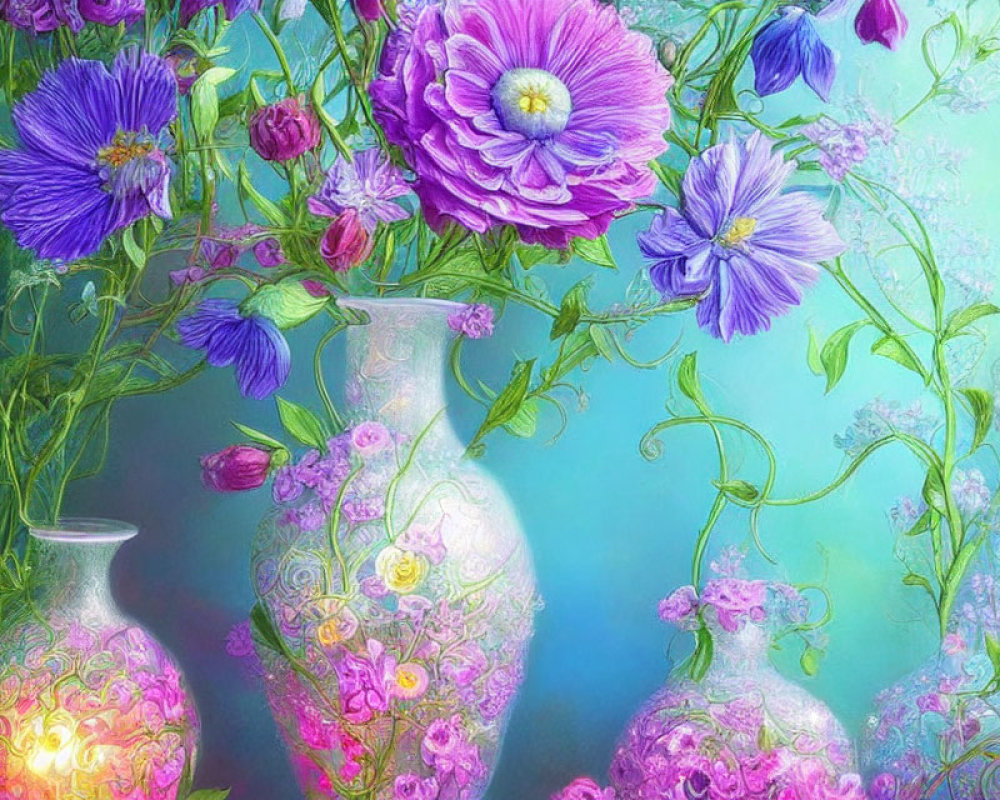 Colorful digital painting of purple and pink flowers in ornate vases