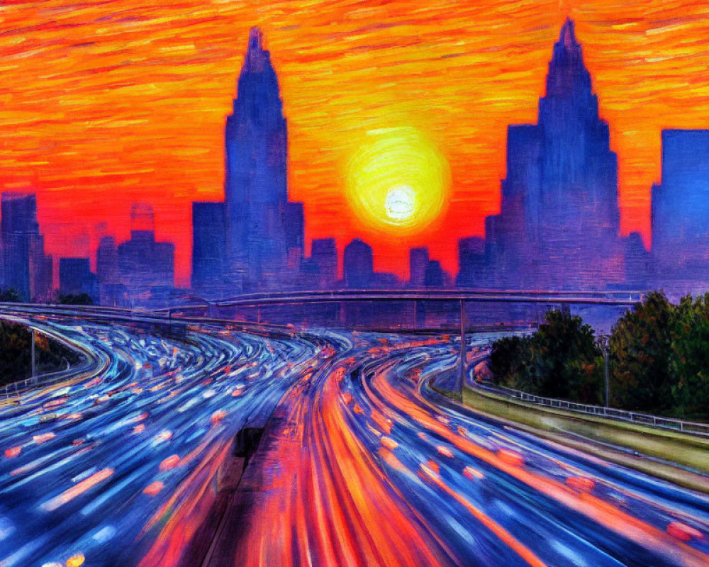 Vibrant cityscape painting at sunset with radiant sun and light streaks