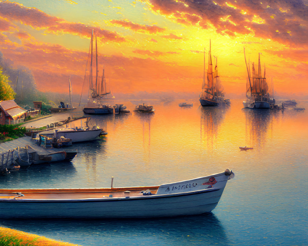 Tranquil Sunset Harbor Scene with Boats and Glowing Sky