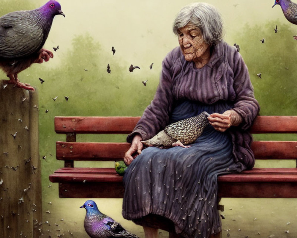 Elderly lady feeding bird on bench amidst pigeons and butterflies