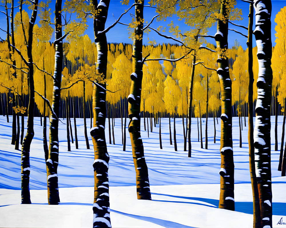 Colorful winter birch forest painting with yellow leaves, white snow, and blue sky