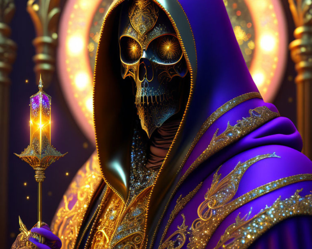 Hooded figure with skull face holding ornate staff in purple cloak and glowing orbs