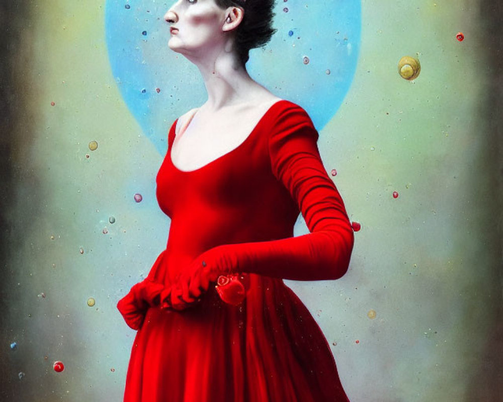 Woman in Red Dress with Elaborate Updo Against Planetary Backdrop