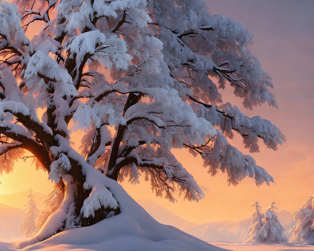 Snow-covered tree at sunrise with golden light filtering through branches