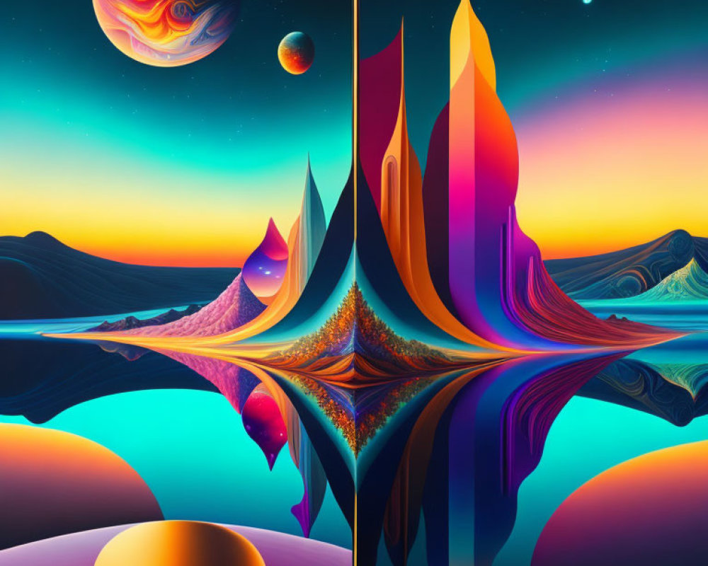 Colorful surreal digital art: landscapes, peaks, water reflections, fantastical planets