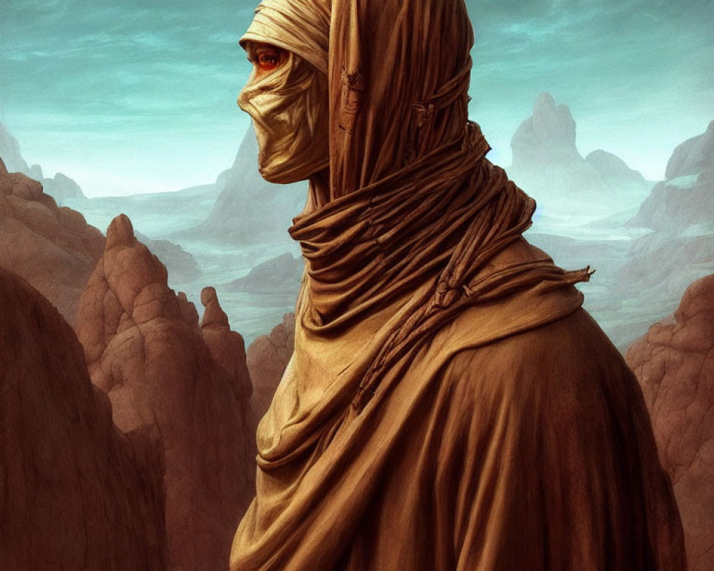 Figure in desert cloak gazes into rocky landscape