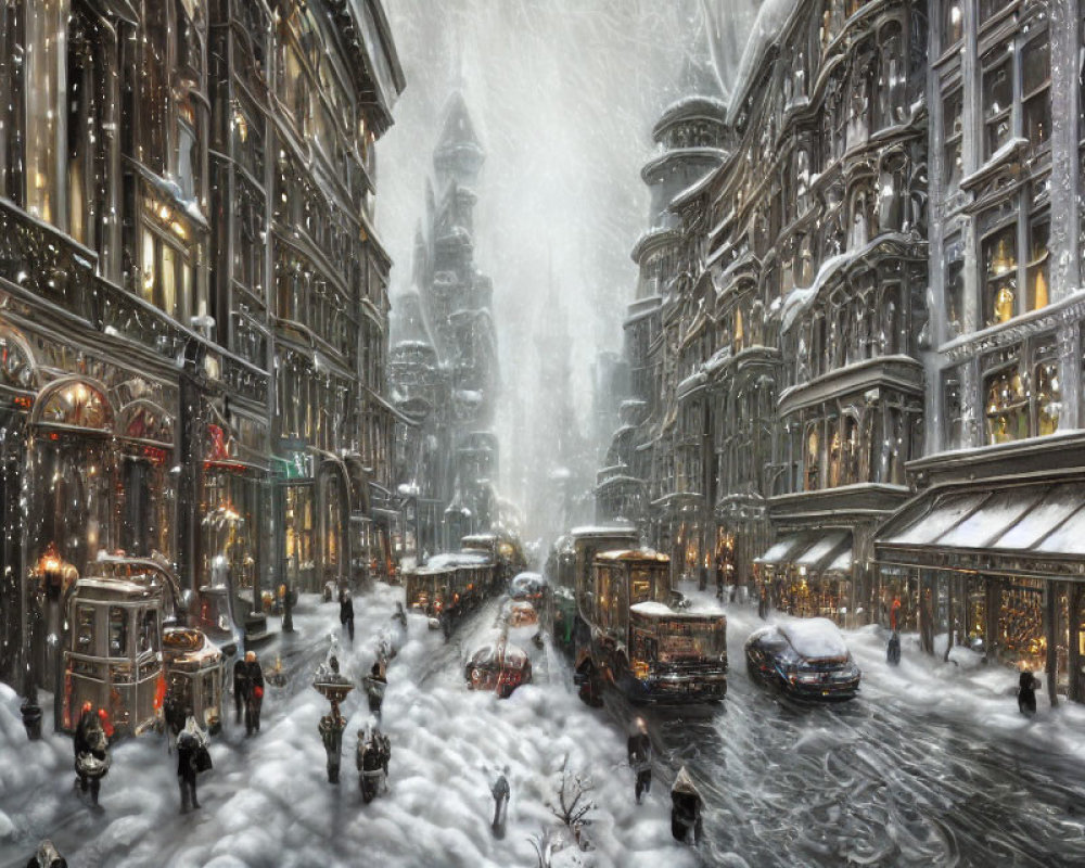 Snowfall transforms city street into winter wonderland with pedestrians and vintage trams.