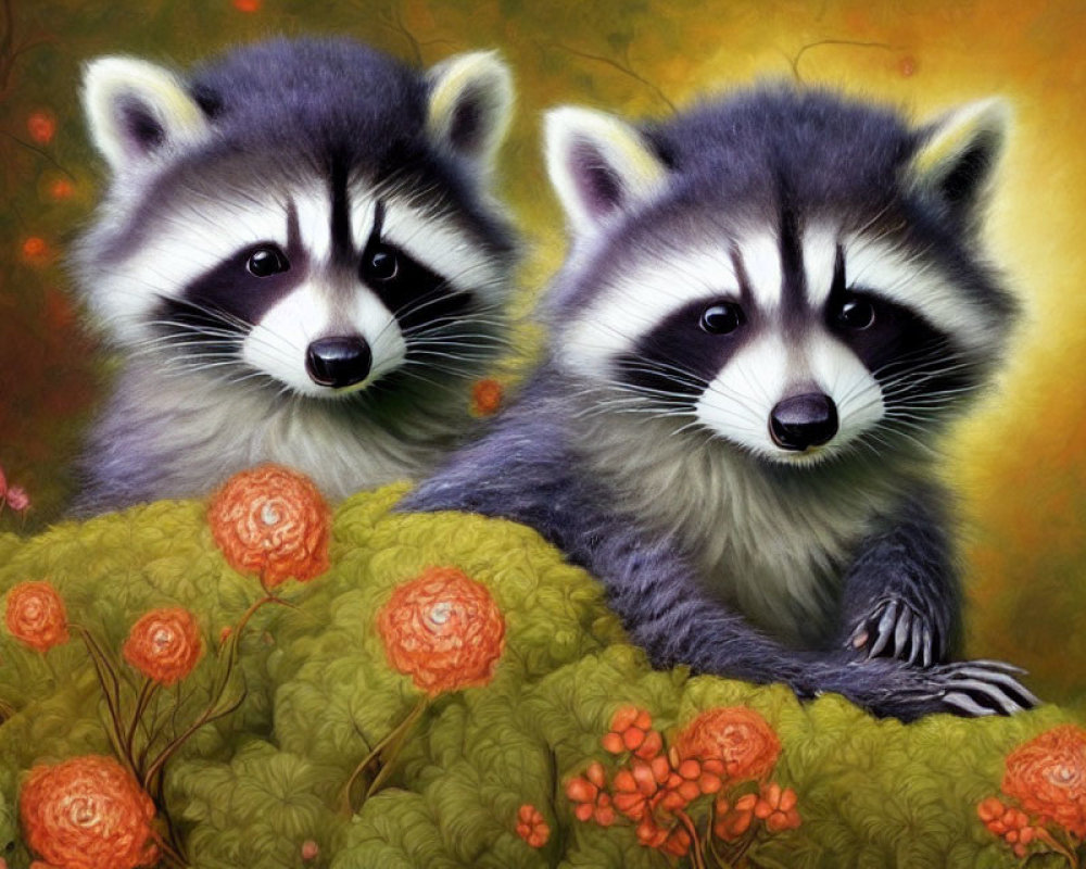 Two raccoons in greenery with orange flowers on golden backdrop