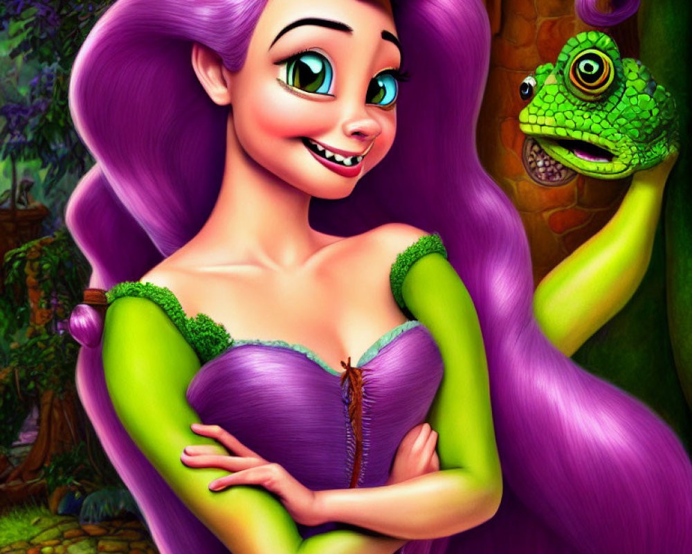 Animated woman with purple hair and green dress smiling at chameleon in forest.