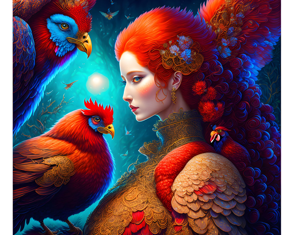 Colorful illustration of woman with red hair and phoenixes under starry sky