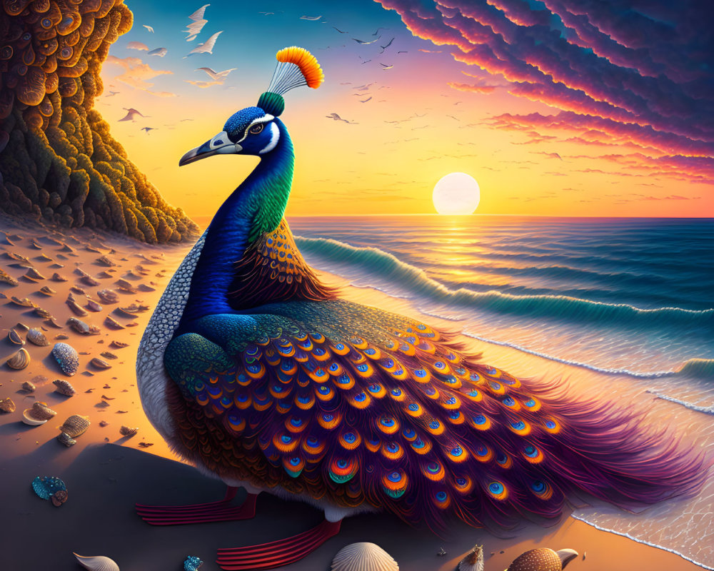 Colorful peacock with elaborate feathers at sunset beach.