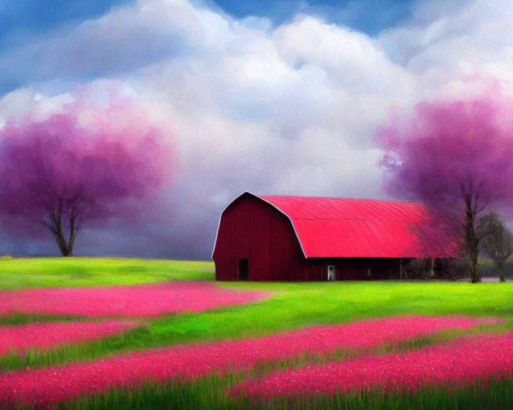 Scenic landscape painting: red barn, pink fields, dynamic sky