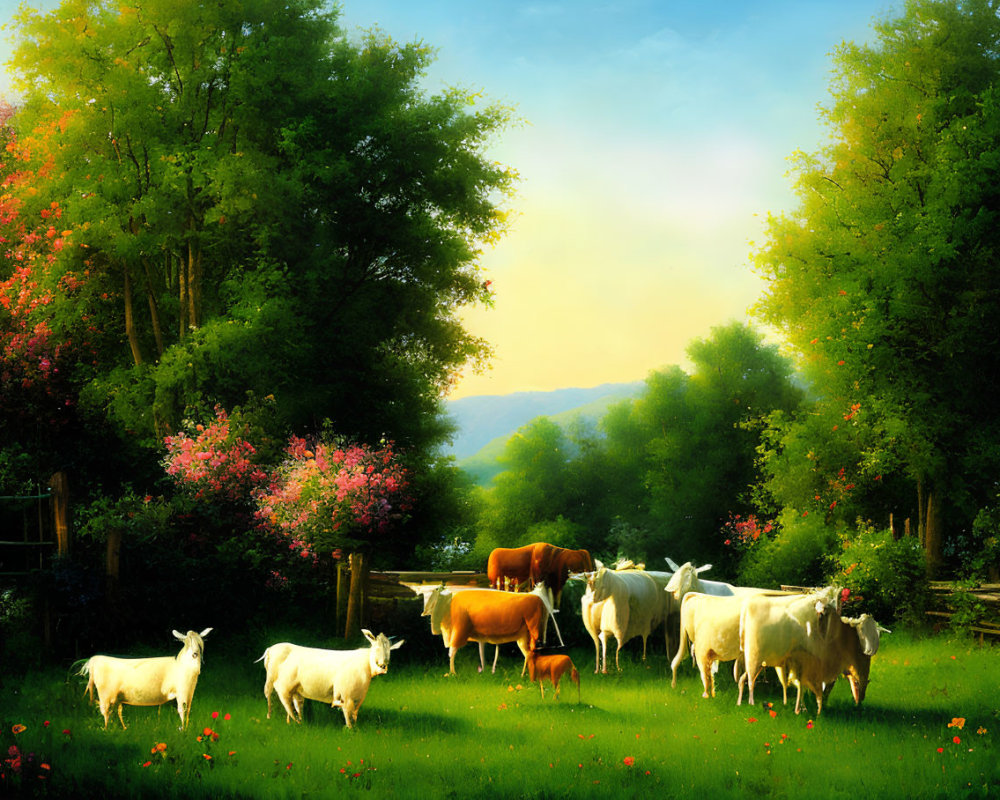 Tranquil rural landscape with cows, goats, greenery, blooming trees, and golden sky