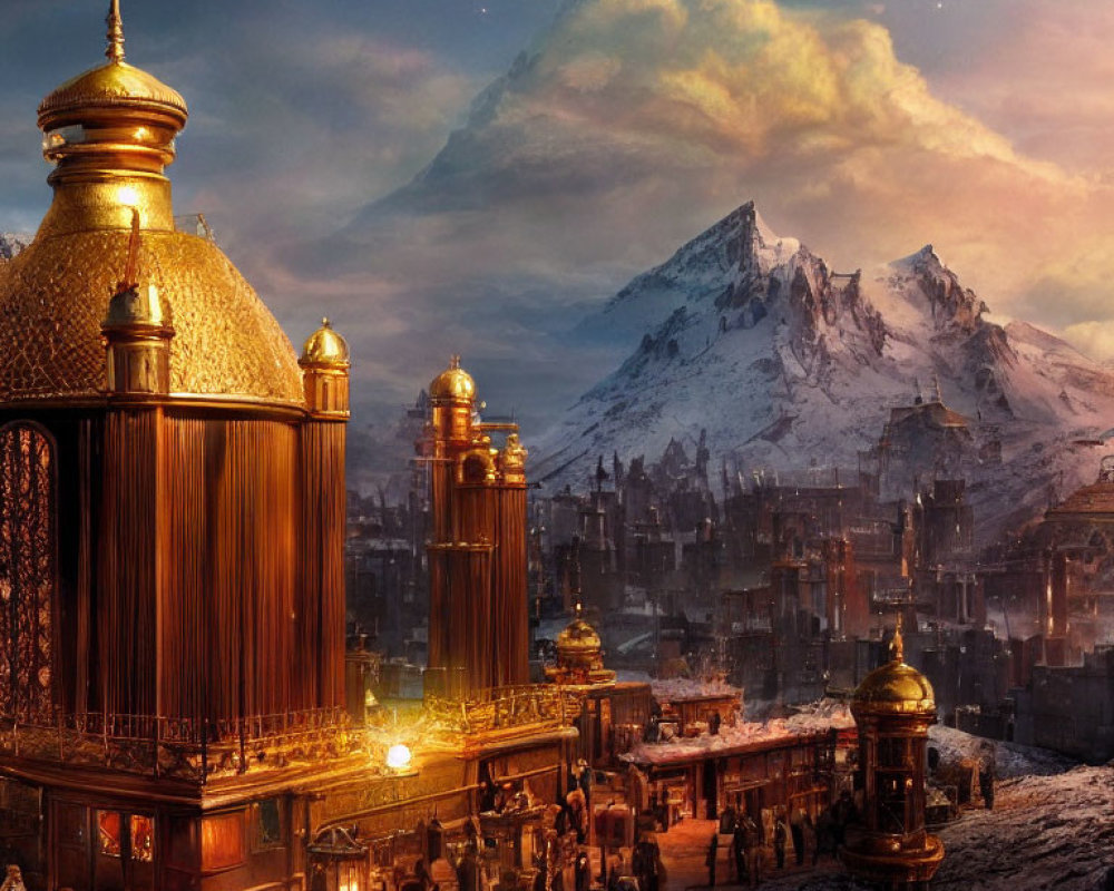 Fantasy cityscape at dusk with golden domes, snowy peaks, and bustling market.