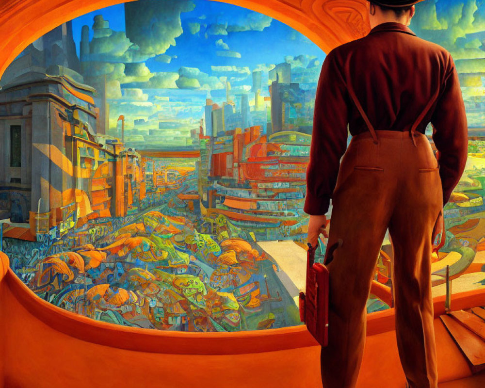 Man in suit with hat and briefcase overlooking futuristic cityscape with warm hues