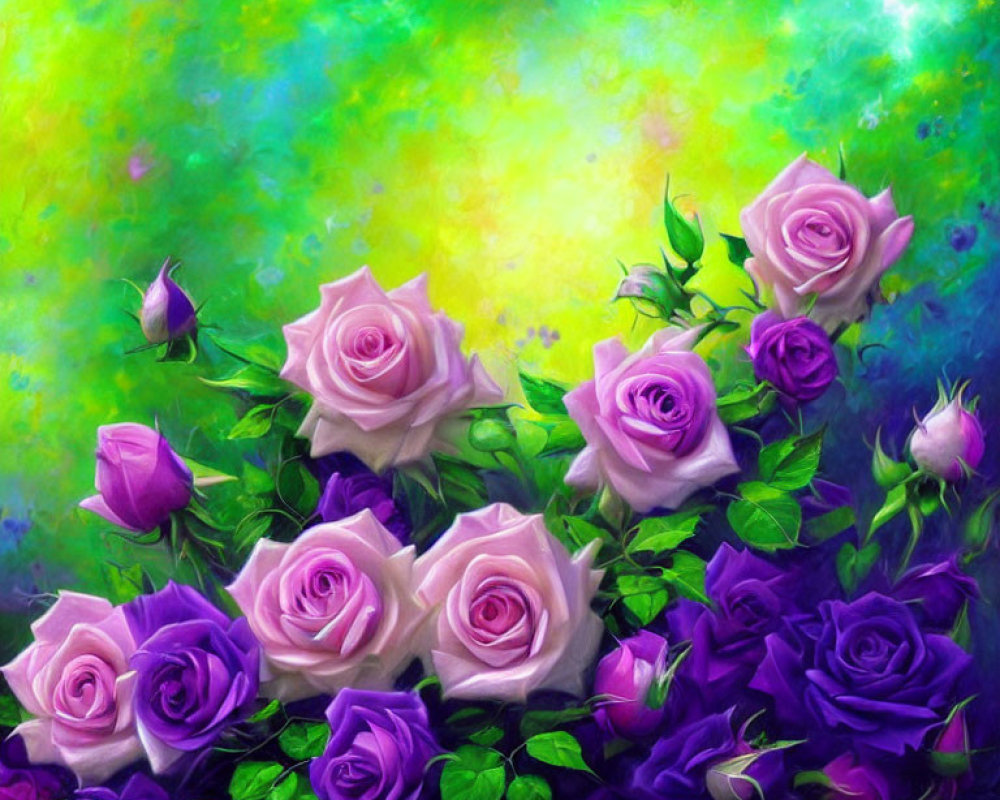 Colorful painting of pink and purple roses on dreamy background