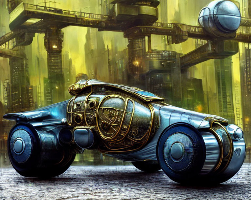 Futuristic blue vehicle with spherical wheels in cityscape