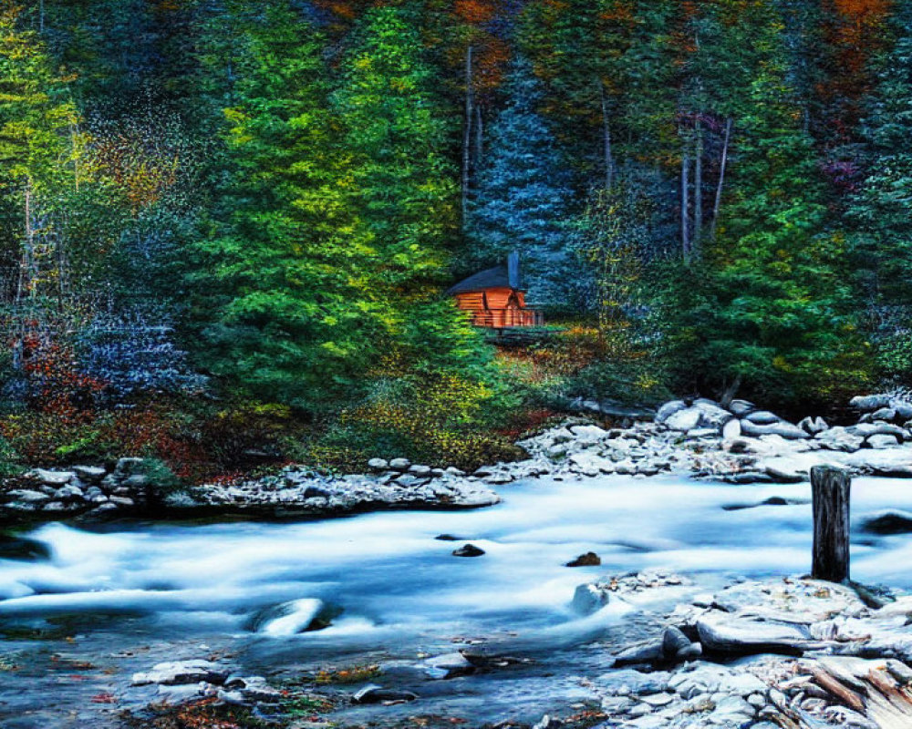 Tranquil river in autumn woods with cozy cabin