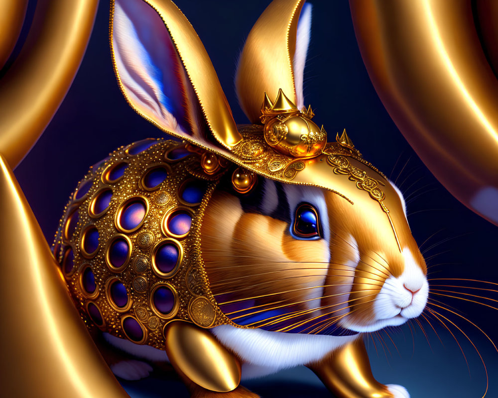 Golden rabbit with crown and armor on blue backdrop with golden swirls.