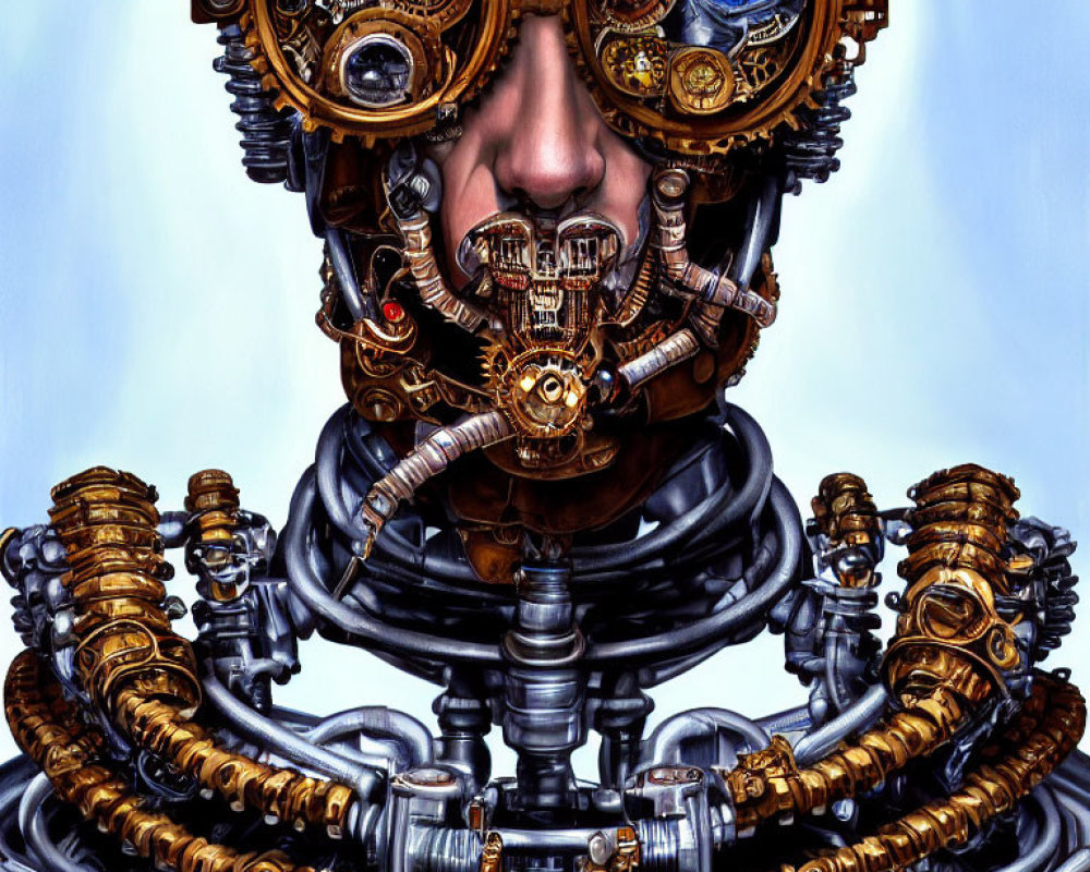 Detailed robotic figure with human-like face and golden gear eyes