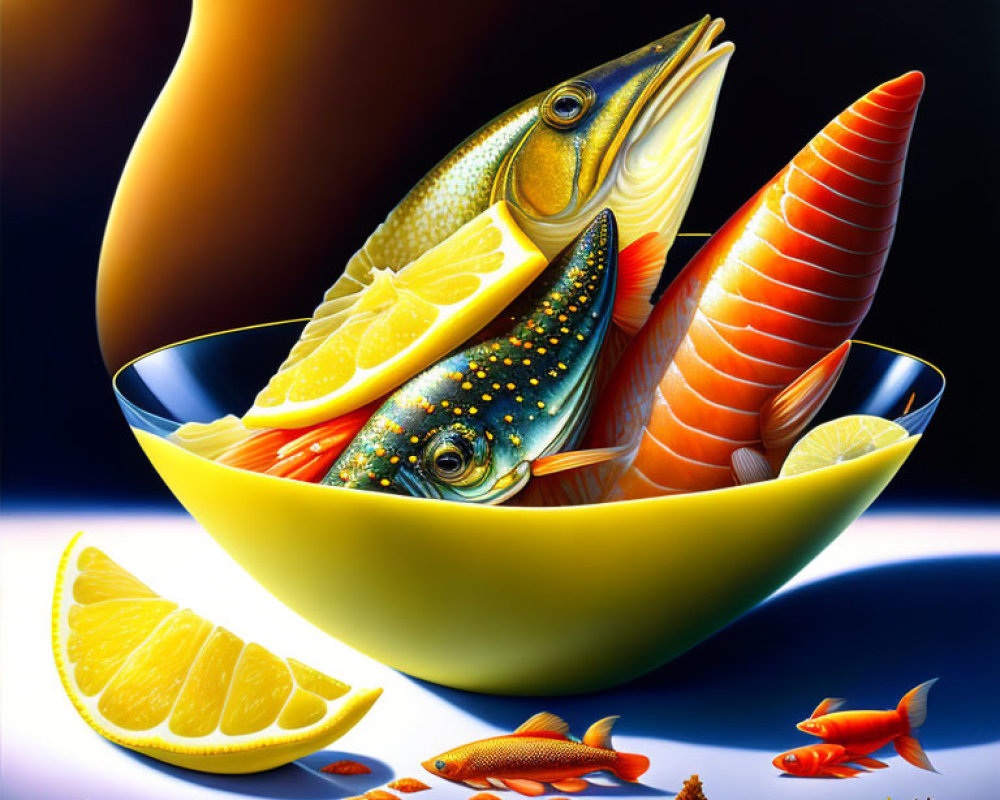 Colorful Illustration of Yellow Bowl with Photorealistic Fish and Lemon Slices