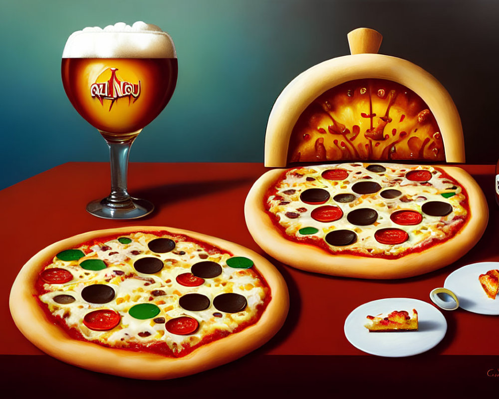 Surreal artwork with pizzas, beer, logo bottle, and melting clock