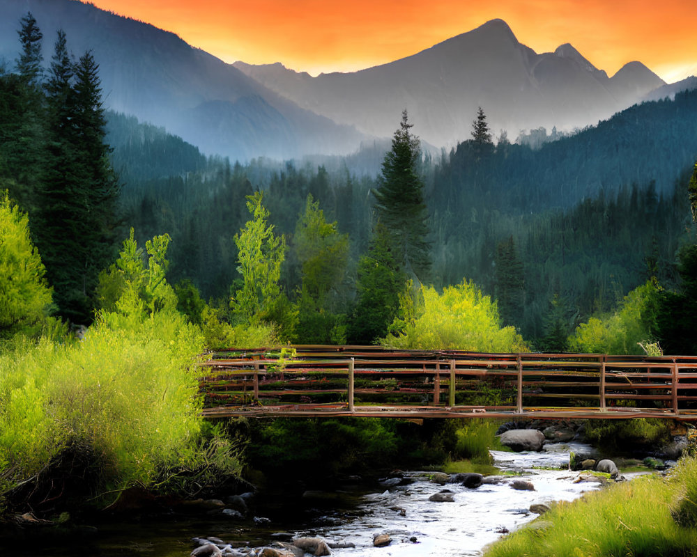 Scenic wooden bridge over stream with lush greenery and mountains at sunset