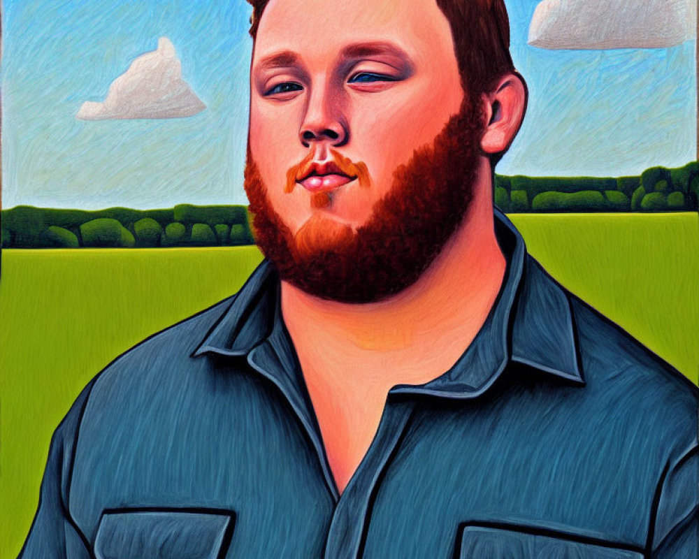 Stylized portrait of a bearded man in blue shirt against vibrant landscape