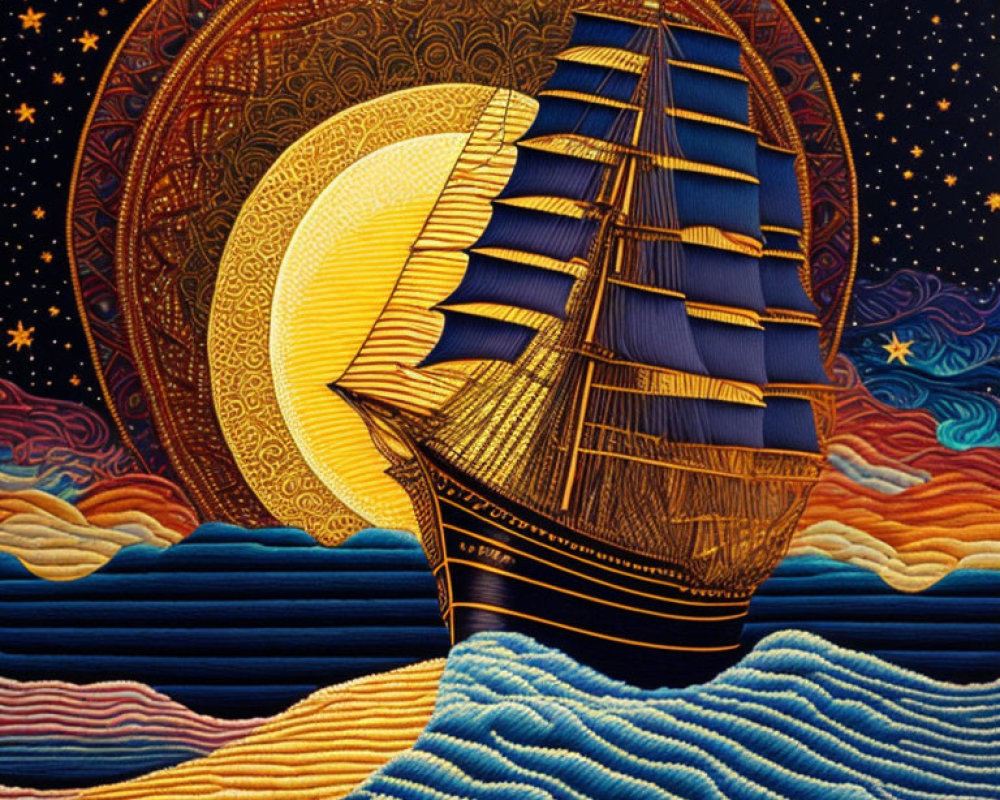 Artistic Ship Sailing on Patterned Blue Waves with Crescent Moon and Stars