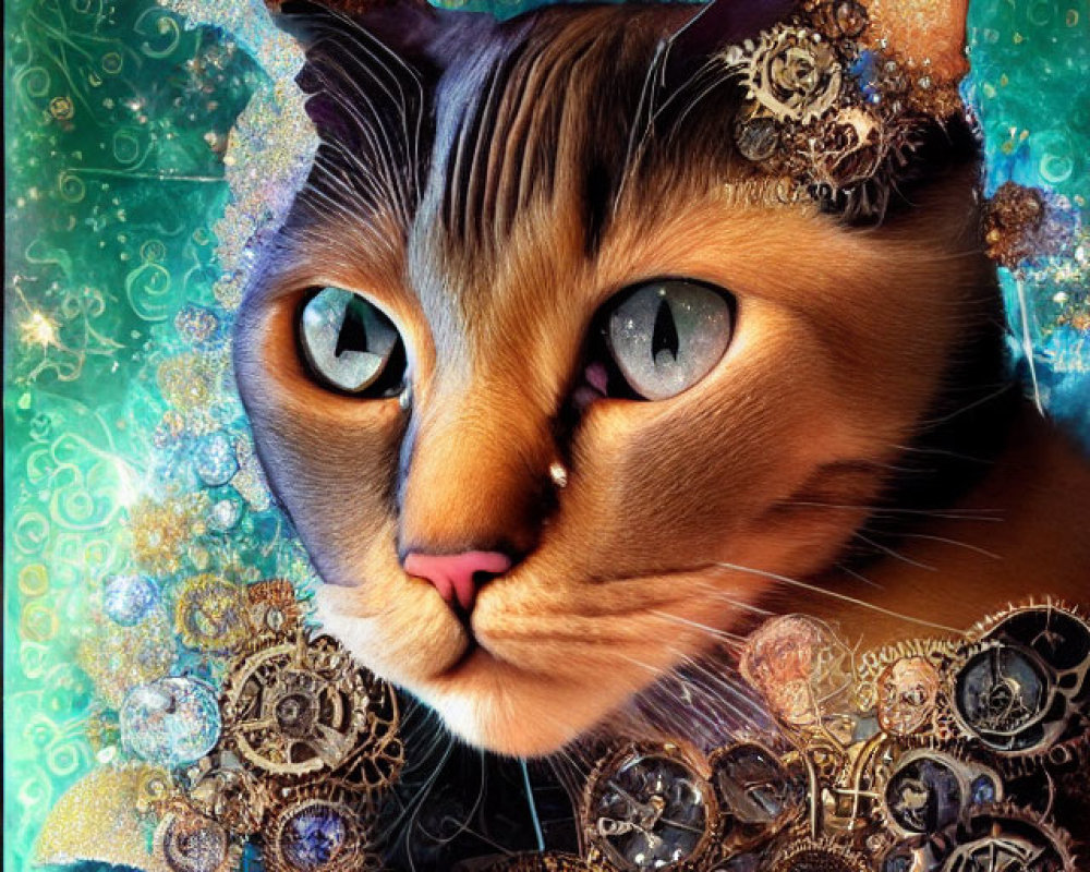 Steampunk-inspired cat digital artwork with expressive blue eyes on ornate turquoise background