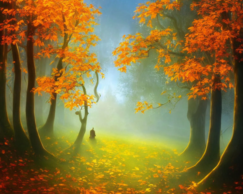 Vibrant orange trees in autumn forest scene with figure walking on path