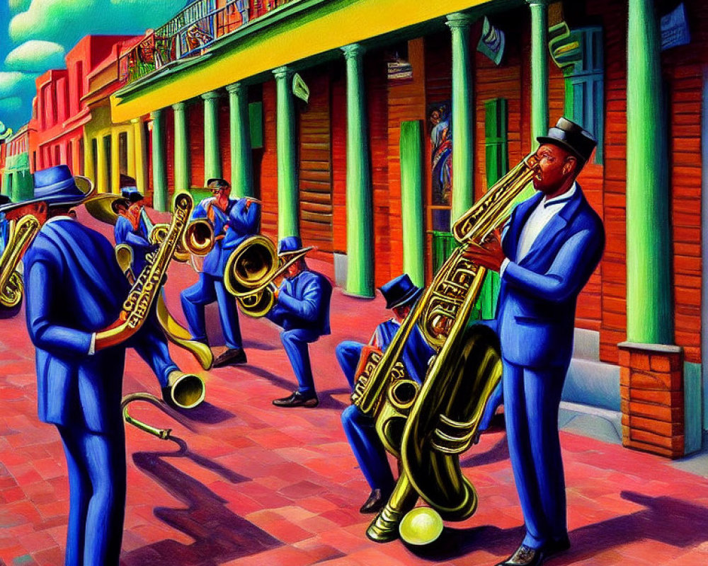 Colorful Jazz Band Painting on Vibrant Street with Saxophones