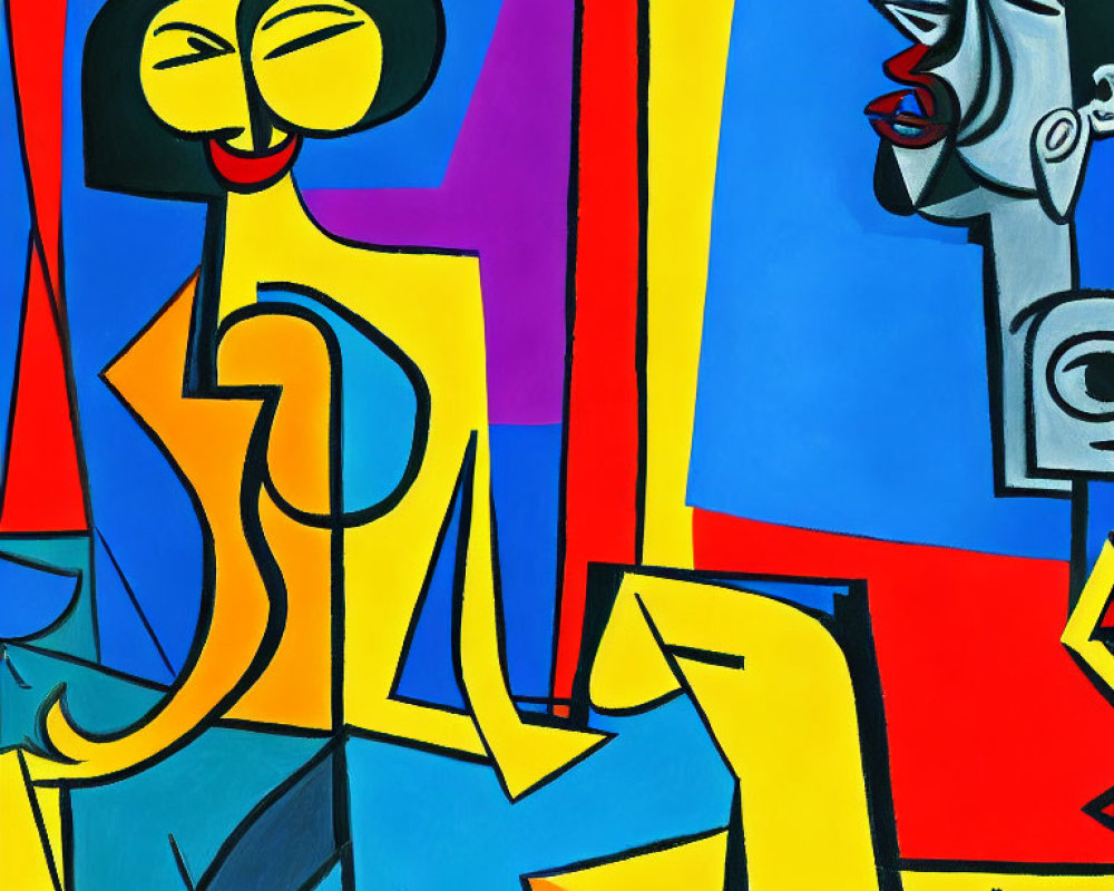 Vivid Abstract Painting: Stylized Figures in Yellow and Red