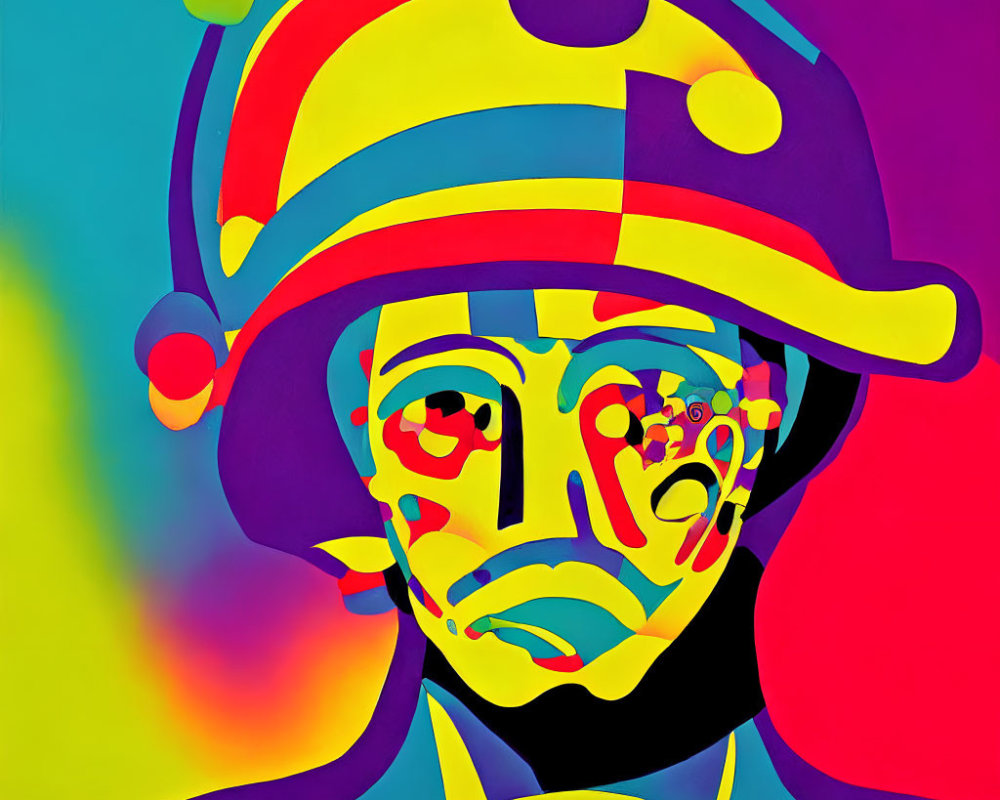 Vibrant abstract portrait of a jester with sharp geometric shapes