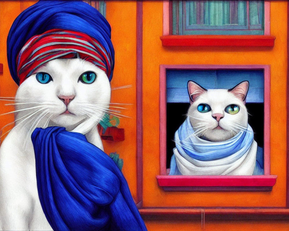 Cartoon cats with human-like eyes in blue turban and window frame against orange building.