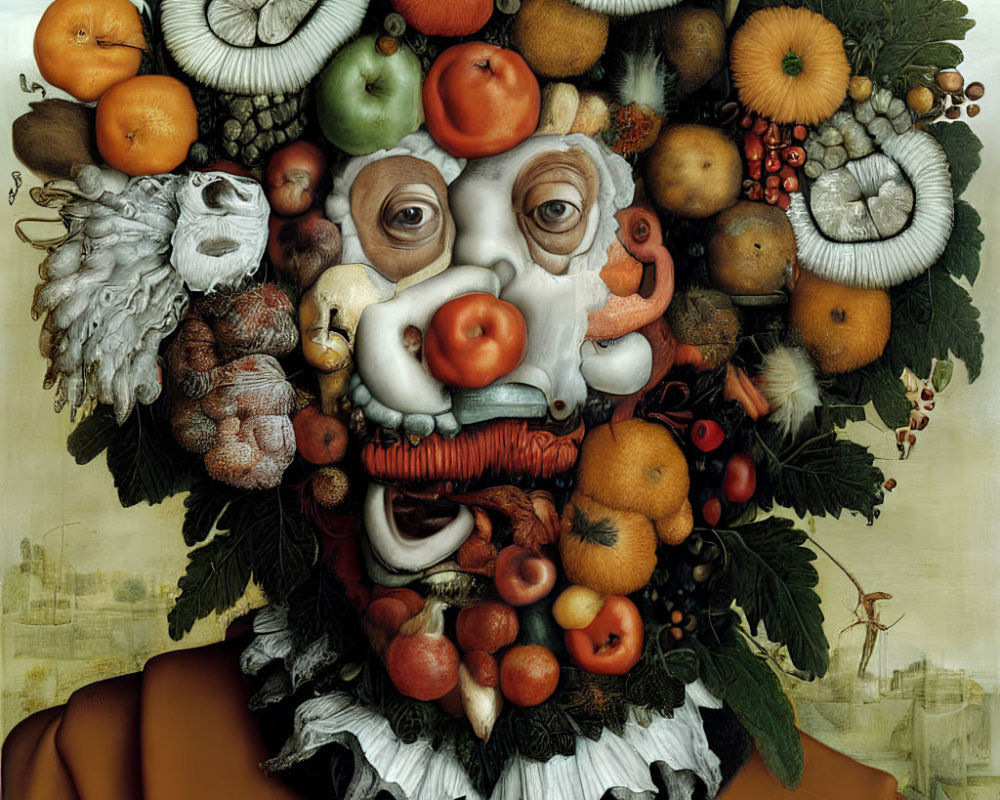 Colorful face artwork with fruits, vegetables, and flowers.