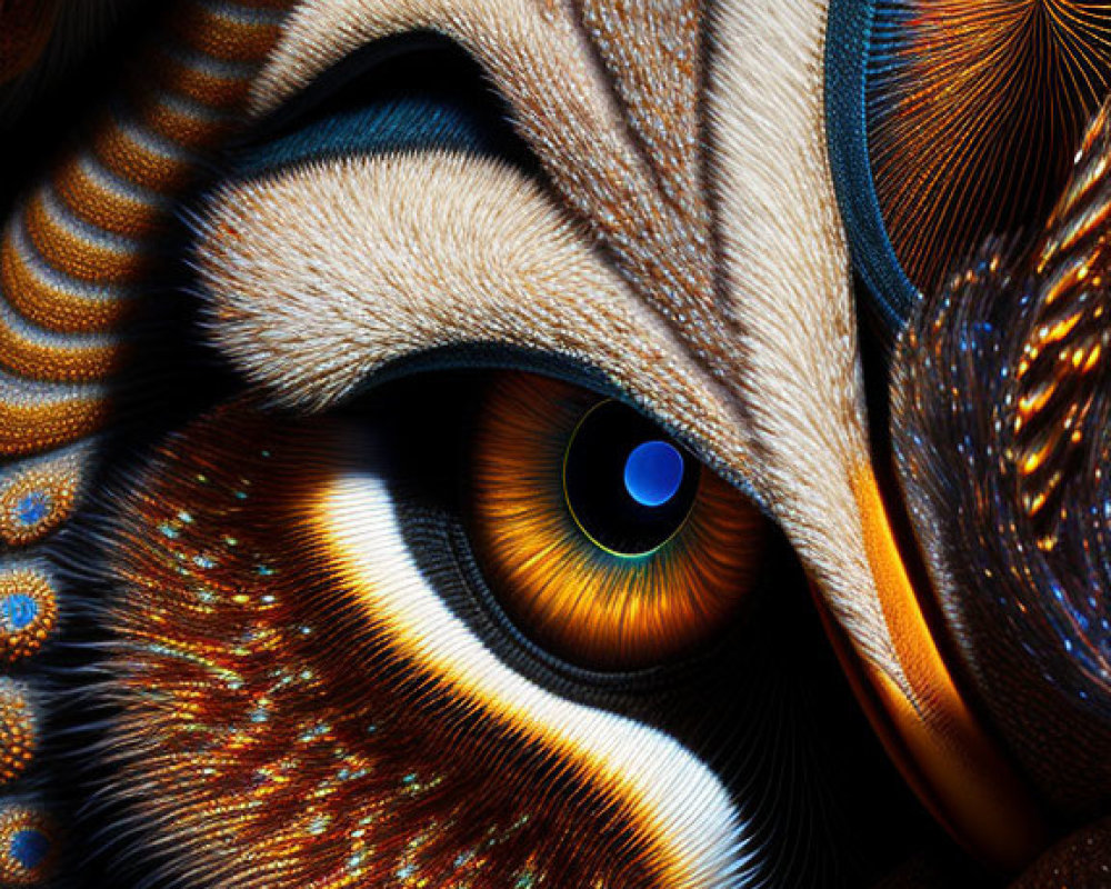 Detailed Fractal Artwork with Warm Colors and Animal Eye Motif