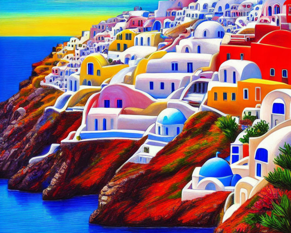 Colorful Cliffside Buildings with Domed Roofs Overlooking Sea at Sunset