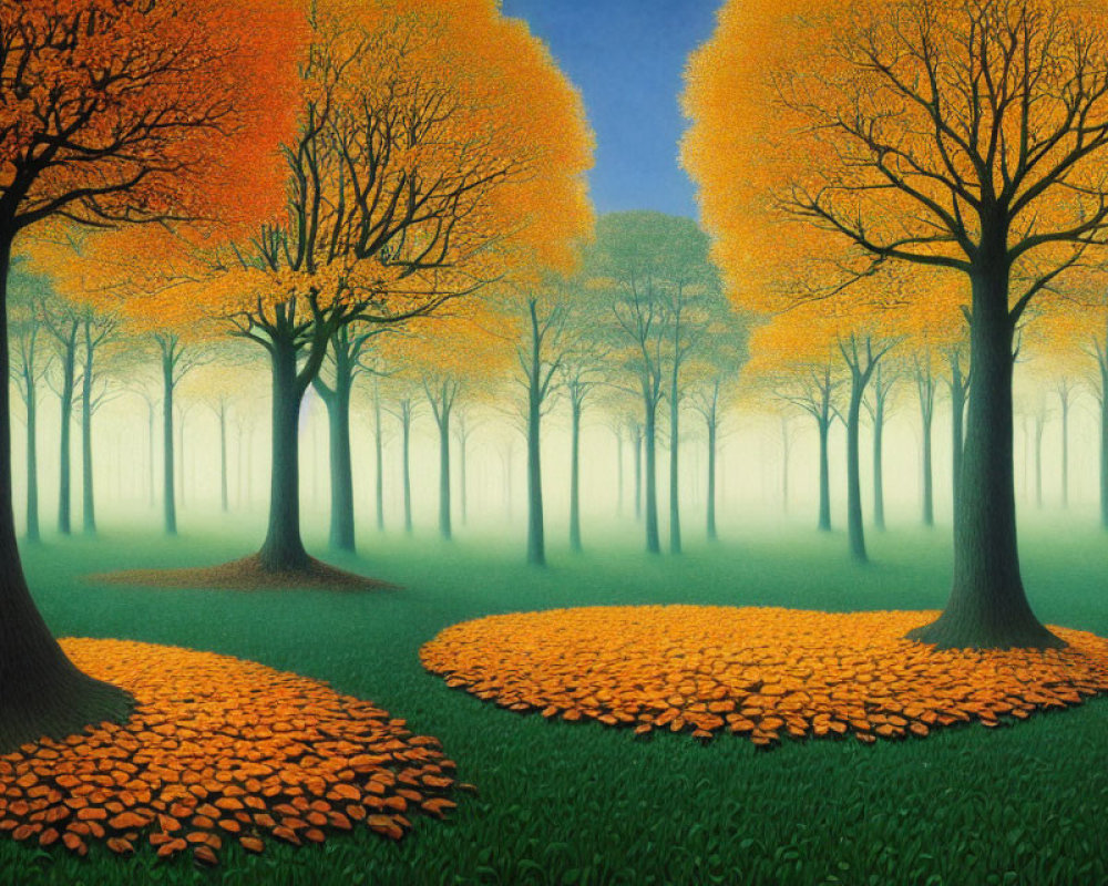 Vibrant orange-leaved trees in serene autumn setting