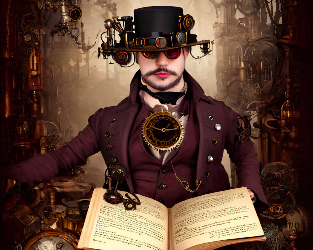 Steampunk man in top hat and goggles with open book, gears and clocks background