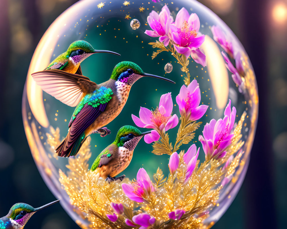 Colorful crystal ball with hummingbirds, pink blossoms, and golden accents on bokeh-lit