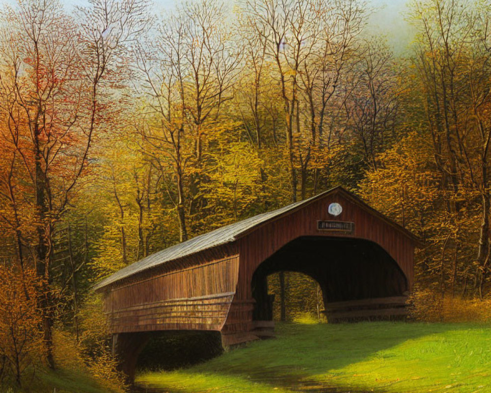 Tranquil autumn landscape with wooden covered bridge and colorful foliage