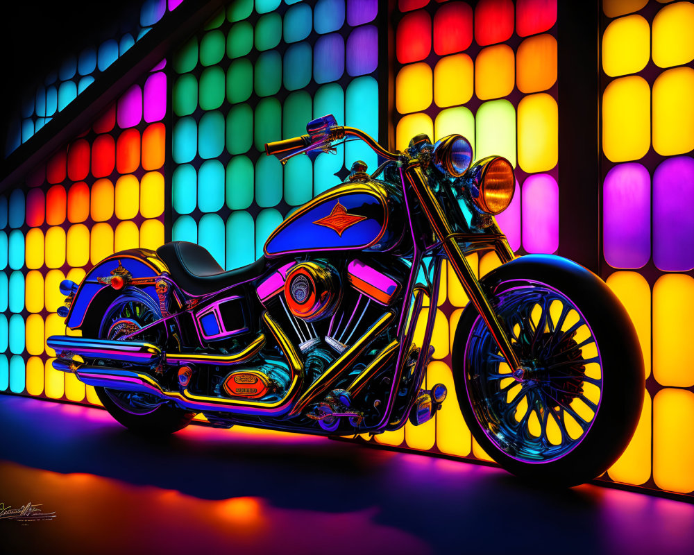 Colorful Motorcycle Against Neon-Lit Background