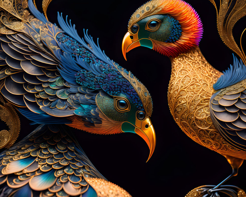 Vibrant bird illustrations with intricate designs on dark background