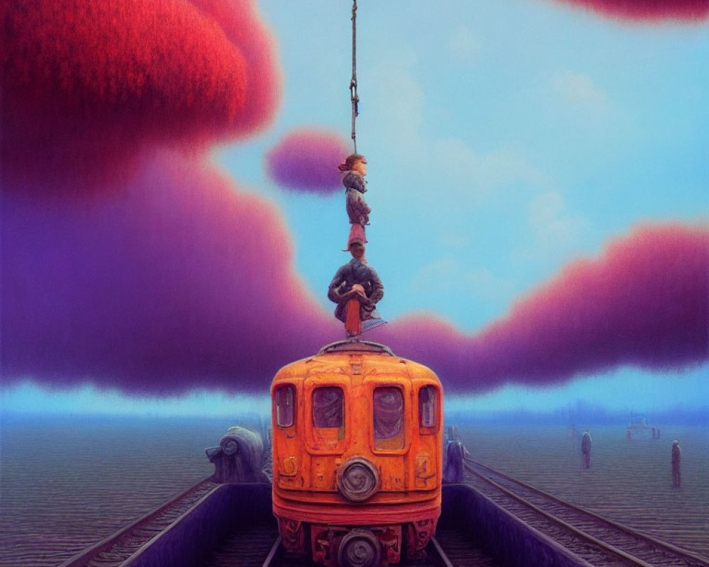 Vintage orange train with people climbing chain under purple sky