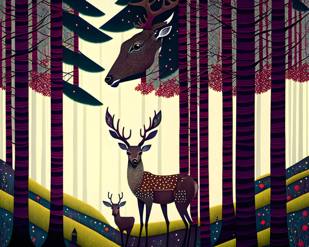 Colorful Stylized Illustration of Three Deer in Striped Tree Landscape