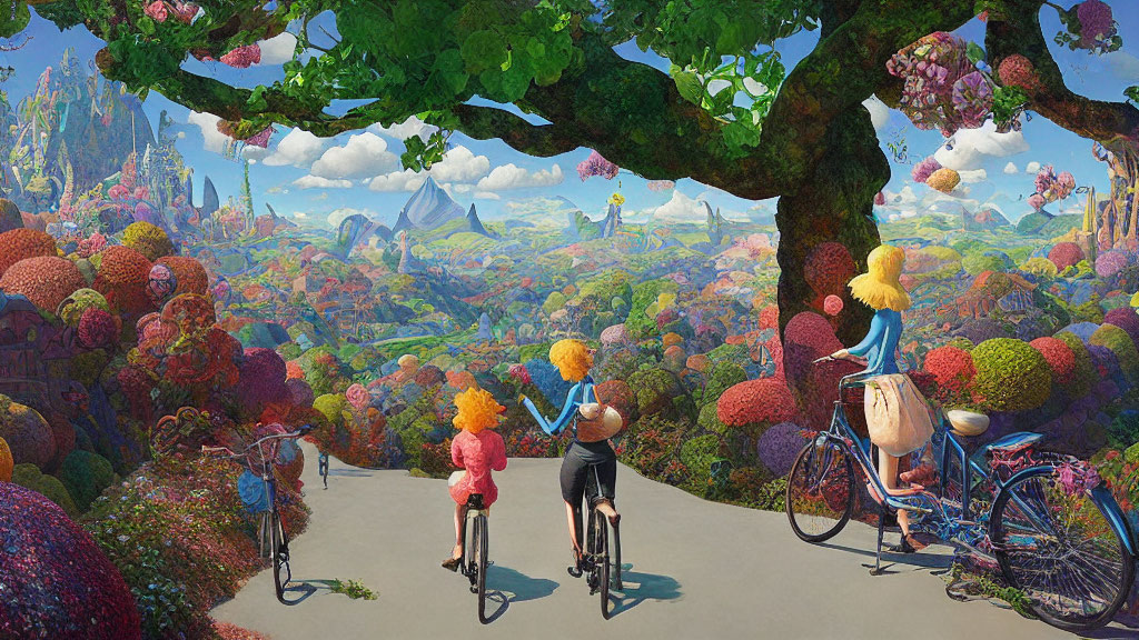 Three people biking under a large tree in a colorful landscape with whimsical trees and city structures.