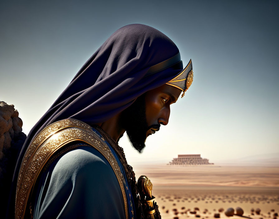 Regal Figure in Blue and Gold Robes Overlooking Desert Landscape