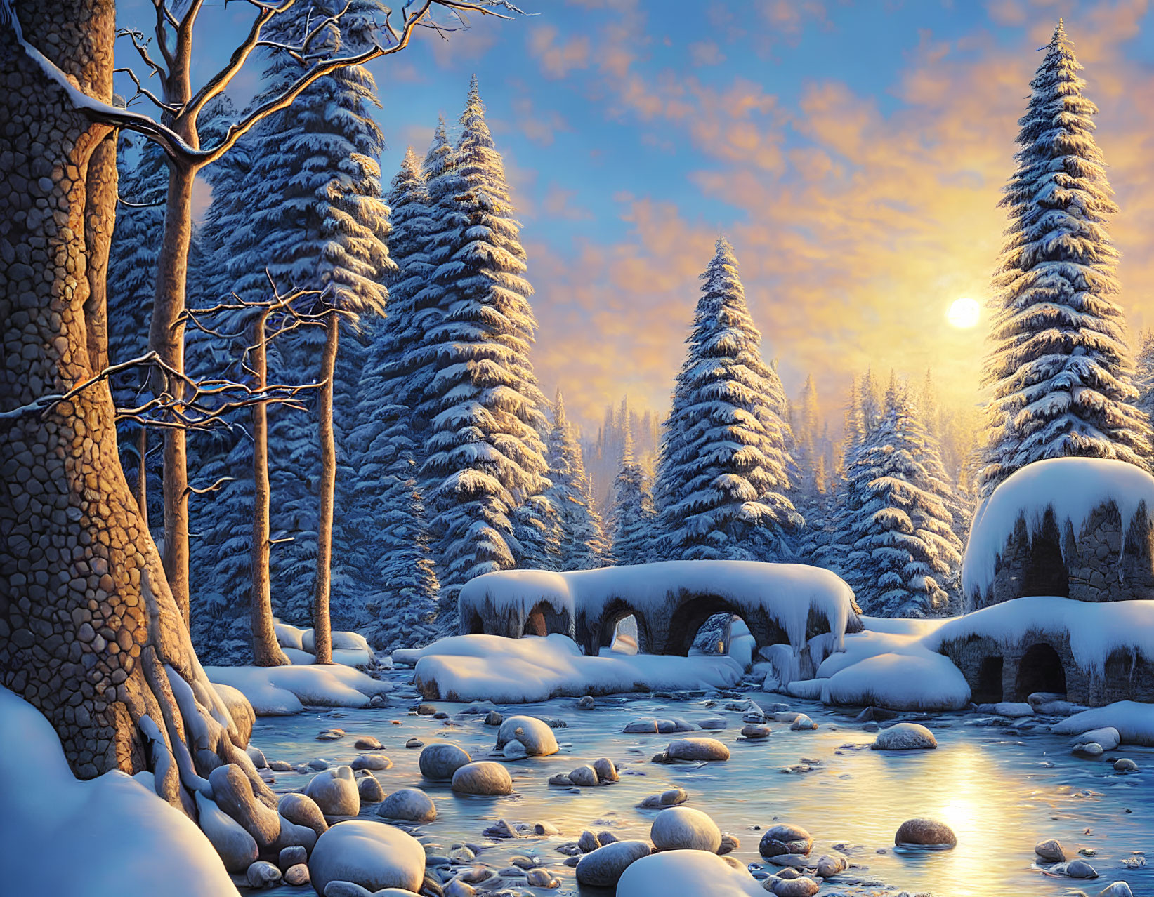 Winter scene: snow-covered pine trees, stone bridge, frozen creek, twilight sky